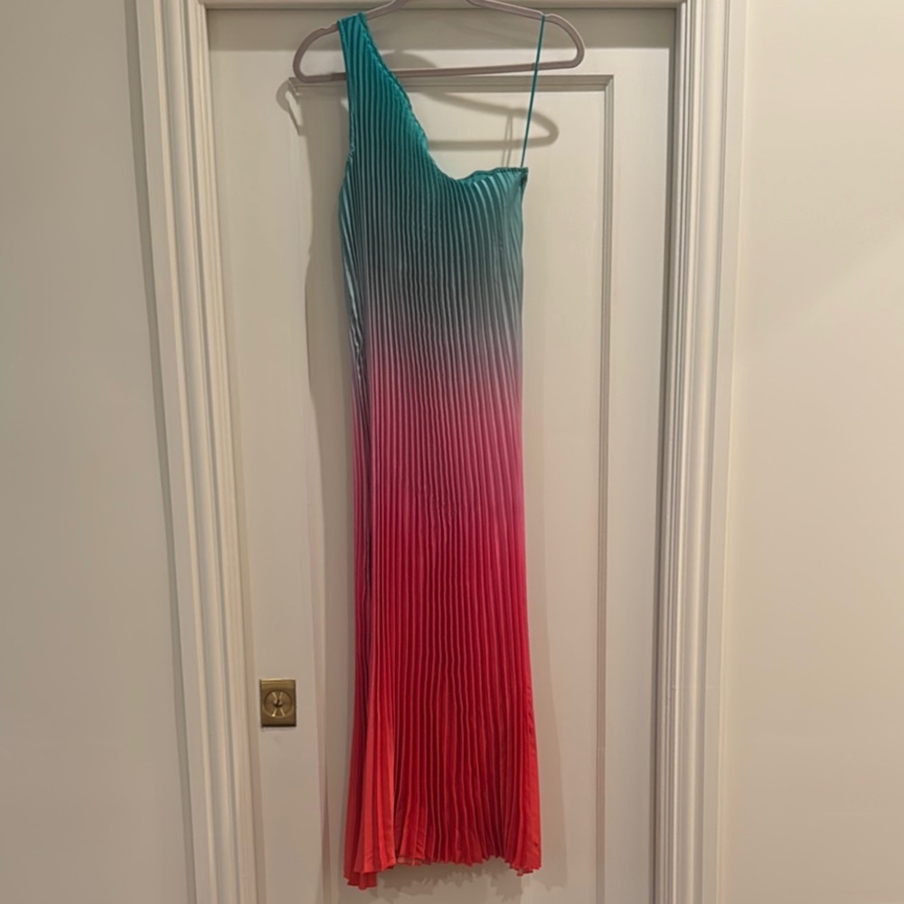 Nicole Miller Teal and Coral Satin Maxi Dress